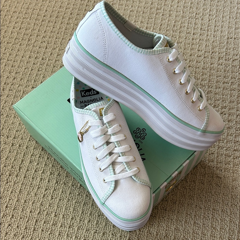 Keds Women’s White Canvas Platform Sneakers with Mint Trim